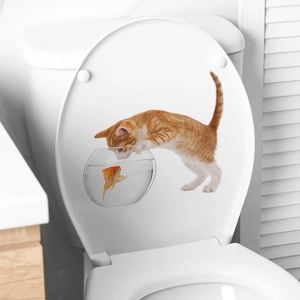 Sticker 3D chat mignon et poisson rouge pour couvercle de toilette et décor de salle de bain