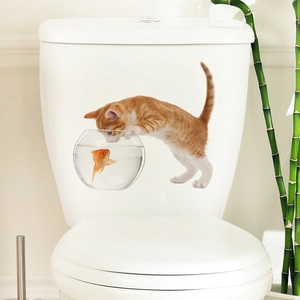 Sticker 3D chaton et poisson rouge pour décoration de réservoir de toilettes de salle de bain