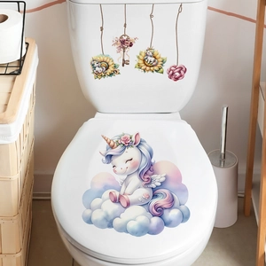 Mignon Autocollant de Toilette Licorne Dessin Animé PVC Imperméable Amovible Décoration de Salle de Bain Arc-en-ciel Nuage Coeur