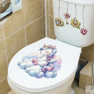 Sticker de toilette licorne rose sur nuages avec décors de réservoir pour salle de bain
