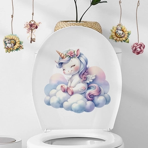 Sticker pour couvercle de toilette avec licorne rose, étoiles et nuages de décor