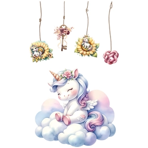 Sticker licorne rose pour abattant de WC avec nuages arc-en-ciel et fleurs cœurs