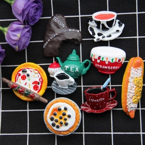 Set of nine miniature resin food fridge magnets with pizza, coffee, and dessert details