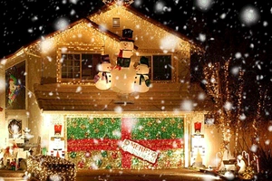Sparkling Merry Christmas garage door banner with red green and gold sequin patterns