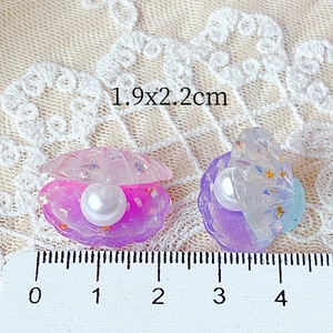 Glitter resin shell with pearl, gradient pink and blue DIY charms, 1.9x2.2cm size
