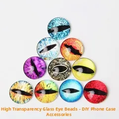 Macro shot of colorful high-transparency glass cabochons with cat eye pupil texture