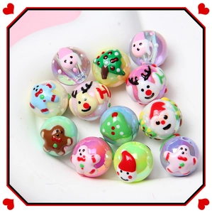 16 Cuentas Redondas de Acrílico Pintadas a Mano de Tema Navideño para DIY Joyería Diseño Muñeco de Nieve y Árbol de Navidad