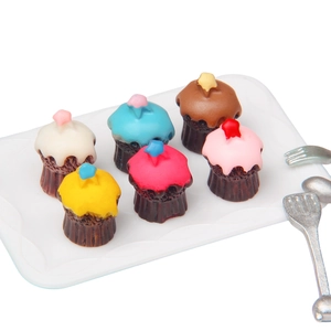 Miniature artificial cupcake set with six colorful resin cakes, tray and silver cutlery