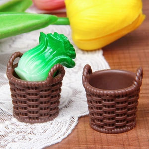 Miniature resin vegetable basket dollhouse toy with brown woven texture and green cabbage