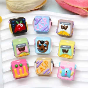 DIY Cartoon Hand Painted Resin Square Cube Beads 3D Relief Monster Letter Beads For Jewelry Making Craft Phone Chain Material