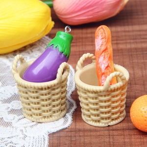 Miniature resin food basket keychain set with tiny eggplant and baguette ornaments