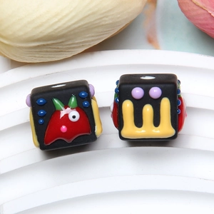 DIY cartoon black square beads with colorful resin patterns for handmade jewelry making