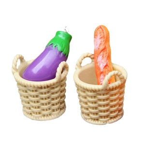 Miniature resin food baskets with eggplant and baguette models for dollhouse decor