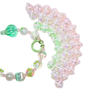 Pastel macaron beaded phone charm with hand-painted floral beads and green spring ring