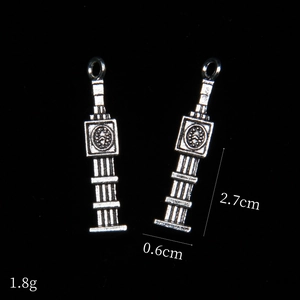 Detailed size view of retro silver Big Ben alloy charms measuring 2.7cm by 0.6cm