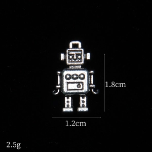 Detail shot of mini vintage silver robot pendant with dimensions 1.8cm by 1.2cm
