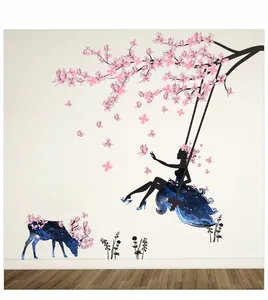 Detail of floral wall sticker featuring a girl on a swing with a reindeer and star pattern