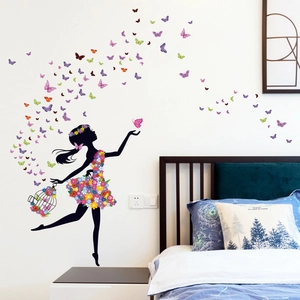 Blumenfee Mädchen Silhouette Wandtattoo Bunte Schmetterling Floral PVC Aufkleber Wasserdicht DIY Deko Wandbild Für Schlafzimmer Wohnzimmer
