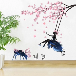 Dreamy Starry Sky Elk Flower Fairy Wall Sticker Girl On Swing Butterfly Floral Waterproof Removable PVC Art Decal Home Decor