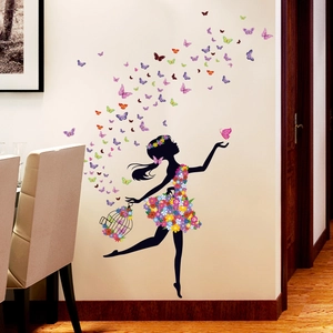 Feen-Mädchen Wandaufkleber mit Blumenkleid und Schmetterlingen, die aus Käfig fliegen