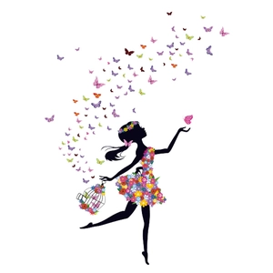 Wandtattoo Blumenfee Silhouette mit bunten Schmetterlingen und Blumen Dekoration