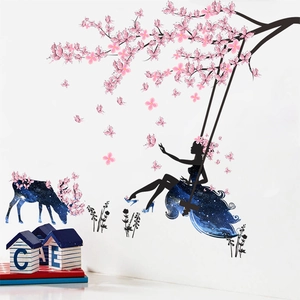 Dreamy elk and starry girl wall sticker with pink butterflies for bedroom decor