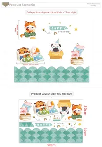 Cartoon animal kitchen wall stickers showing layout and finished sizes for home decor