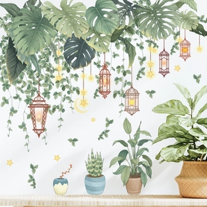 Tropical monstera plants and vintage lanterns wall stickers for living room decor