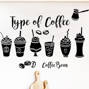 Black silhouette coffee menu wall decals with artistic lettering and beverage icons