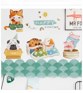 Detailed view of waterproof cartoon animal wall stickers with cute cat and dog designs