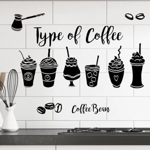 Types of Coffee wall sticker with cups and beans silhouettes on white tile kitchen wall