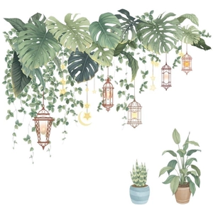 Tropical monstera leaves wall stickers with retro lanterns and indoor potted plants