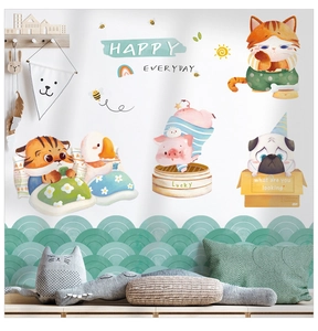 Detail of waterproof cartoon animal tile stickers with tiger, cat and pig for kitchen decor
