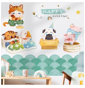 Detail of waterproof cartoon animal tile stickers with cat and tiger for kitchen decor