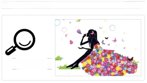 Dettaglio dell'adesivo murale fata con abito floreale colorato e farfalle viola vivaci