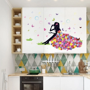 Adesivo da Parete Silhouette Ragazza Fata dei Fiori PVC Impermeabile Farfalla Floreale per Camera da Letto Soggiorno Casa