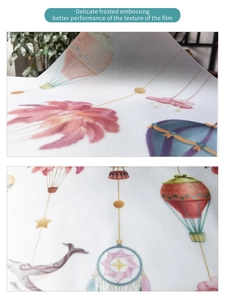 Detail of frosted embossed glass film with colorful hot air balloons and whale patterns