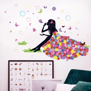 Adesivo murale fata dei fiori con farfalle per decorazione creativa della camera