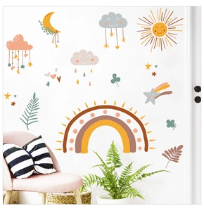 Detail showing Boho rainbow wall decals in warm Morandi tones on a white nursery wall