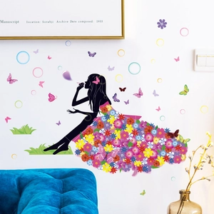 Adesivo murale silhouette di fata con fiori colorati e farfalle per camera da letto
