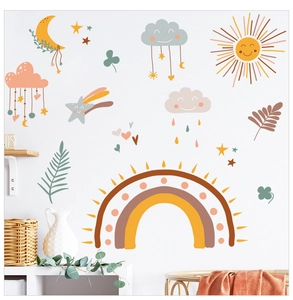 Detail of boho rainbow wall stickers with sun and moon patterns in earthy morandi tones
