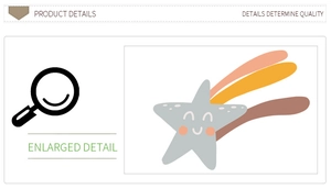Detailed view of grey star sticker with colorful tail and minimalist smiley face design