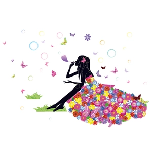 Adesivo murale silhouette fata floreale con farfalle colorate ed elementi da giardino