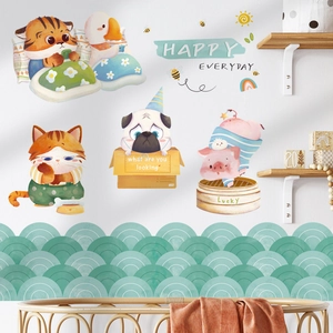 Waterproof cartoon animal wall stickers for kids room featuring sun and rainbow decor