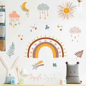 Boho rainbow wall stickers with clouds and sun for kids nursery and playroom decor