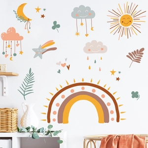 Rainbow cloud wall stickers with moon and stars in soft Morandi colors for nursery decor