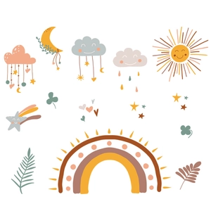 Boho rainbow clouds wall stickers with sun and stars for kids nursery room decor