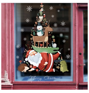 Merry Christmas window stickers featuring cartoon Santa Claus, reindeer, and stacked animals
