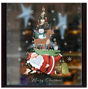 Close-up of Santa Claus and cartoon animals forming a Christmas tree window sticker