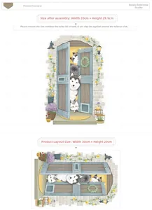 Detailed size chart for cartoon dog and cat wall decals showing layout and finished dimensions